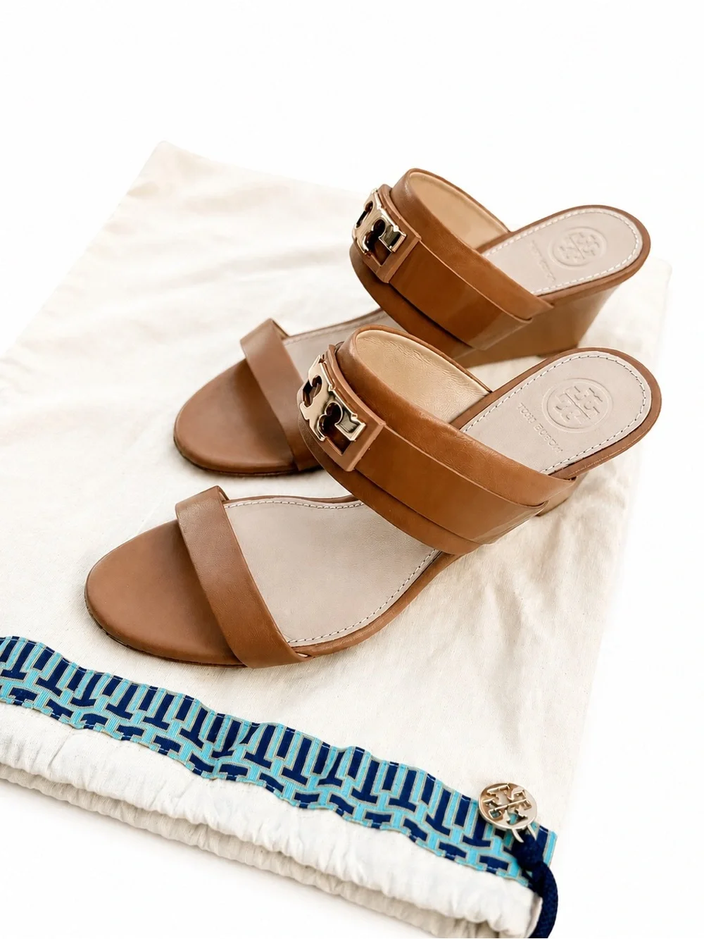 Tory Burch Double T Leather Wedge Slide Sandals – Tan/Camel – Women’s Size 6.5M